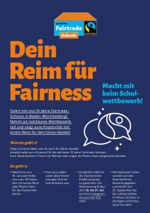 Auf lila Hintergrund steht "Dein Reim für Fairness". Darüber ist das Logo von Fairtrade Deutschland e. V.