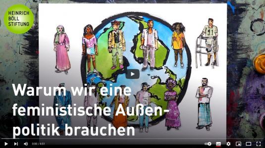 Zeichnung von 12 Menschen, dahinter die Erde. Screenshot Erklärvideo: Warum wir eine feministische Außenpolitik brauchen. Quelle:  youtube.com/@boellstiftung