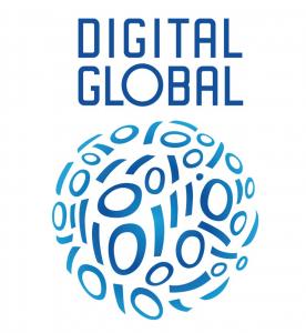 Cover des Bildungsmaterials Digital Global: Oben steht Digital Global. Darunter ist eine Weltkugel abgebildet, die aus I und 0 besteht