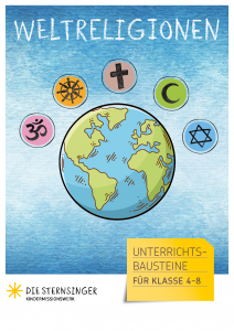 Bild Erdkugel umgeben von 5 Symbolen der größten Religionen der Welt