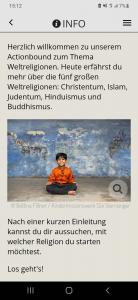 Screenshot der ersten Seite des Actionbounds mit Einleitungstext und Bild von meditierendem indischen Jungen