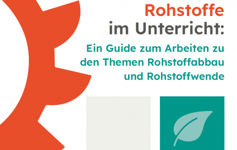 Eine halbe rote Sonne, ein grünes Blatt, Schriftzug: Rohstoffe im Unterricht: Ein Guide zum Arbeiten zu den Themen Rohstoffabbau und Rohstoffwende. Coverbild des Guides. Bildrechte: WEED