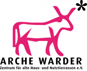 Rosa gezeichneter Stier, darunter Schriftzug Arche Warder. Logo Arche Warder. Quelle: arche-warder.de