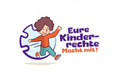 Das Logo zeigt ein Kind, das aus einem nicht runden Kreis springt, und daneben steht "Eure Kinderrechte Macht mit!"